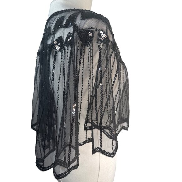 Black Sequin Mesh Geometric Shapes Cape Sheer Evening Wrap NWT - Picture 9 of 14